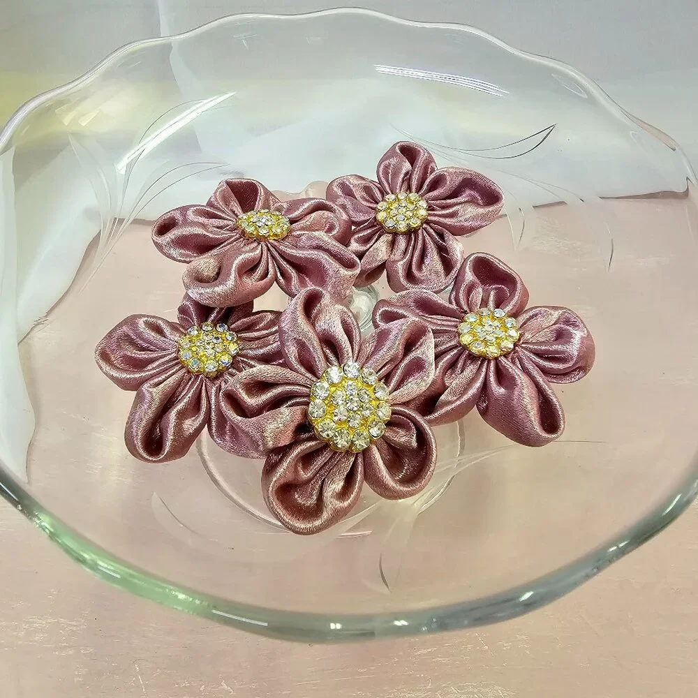 5pc Satin Sparkle Fabric Flower Set with Rhinestone Centers, Dusty Rose
